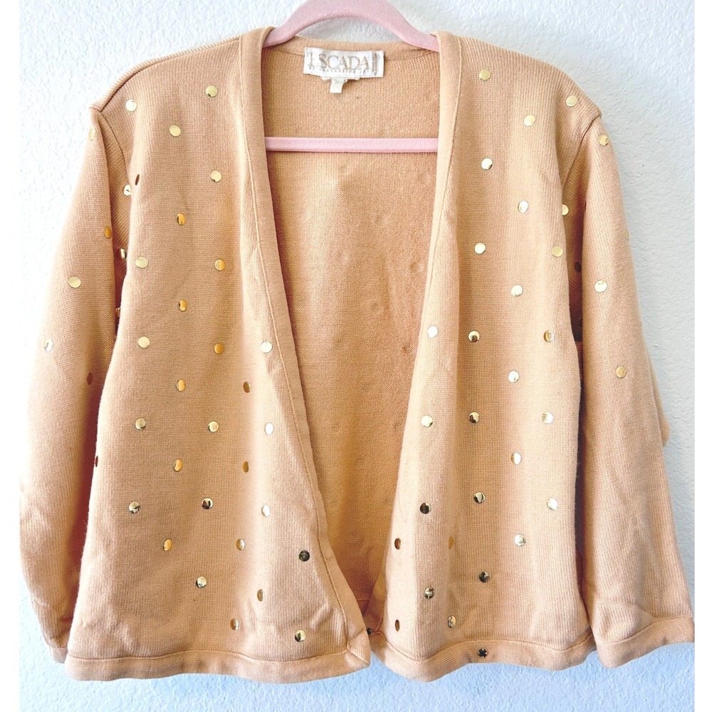 Escada Beige Virgin Wool Knit Gold Tone Studded Short‎ Cardi